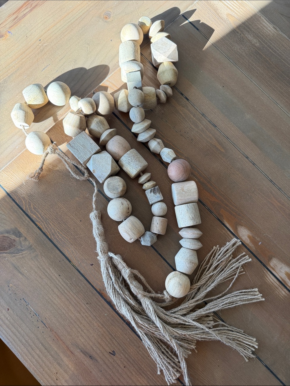 Natural Wood Bead Garland with Tassels - Neutral Beige